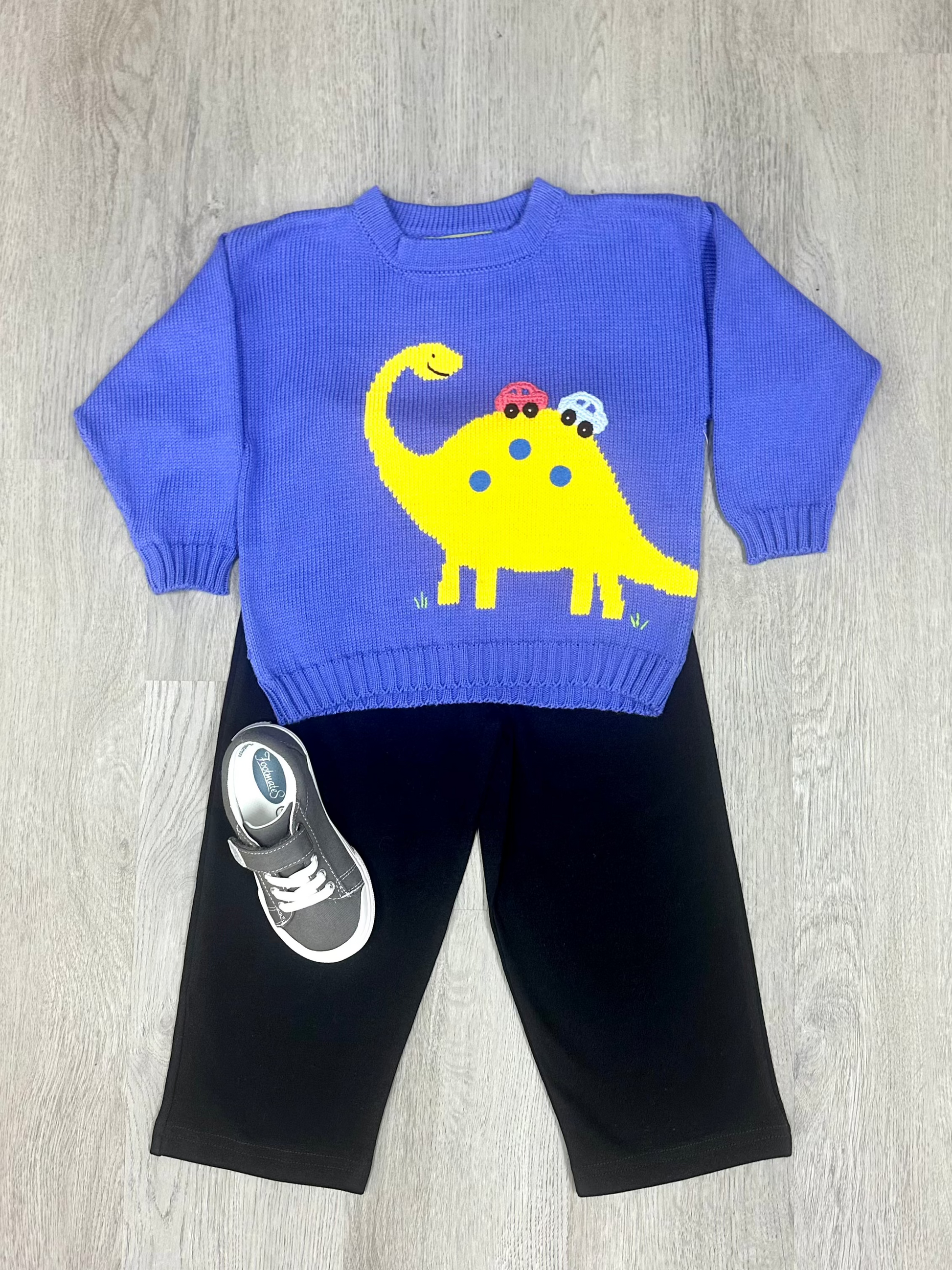 Boys Dk. Chambray Crewneck Sweater w/ Brontosaurus Cars Boys Sweaters + Sweatshirts Luigi   