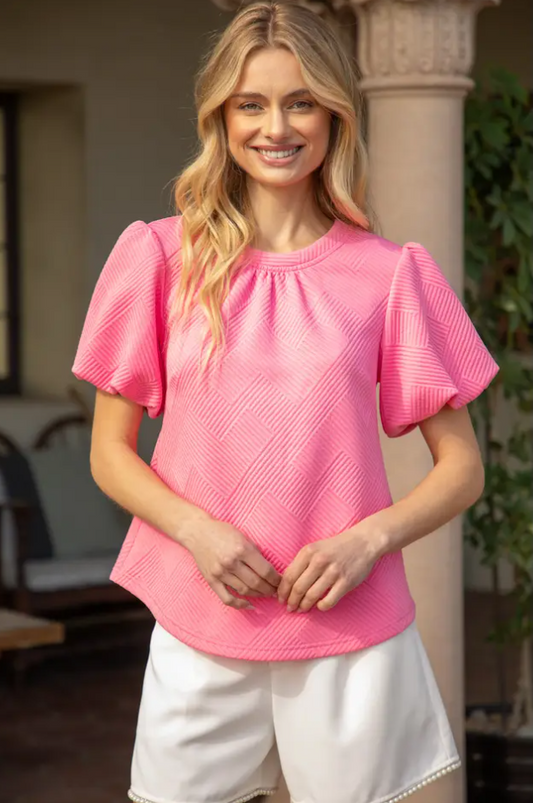 Bubble Short Sleeve Textured Knit Top - Pink Tops Voy   