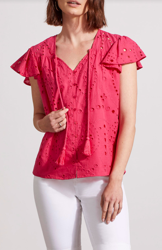 Cap Sleeve Button Down Blouse - Raspberry Tops Tribal   