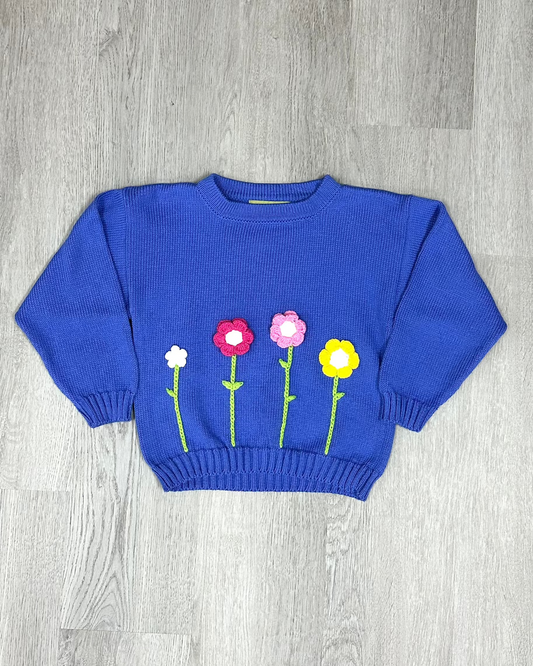 Girls Dk. Chambray Crewneck Sweater Flower Stems Girls Sweaters + Sweatshirts Luigi   