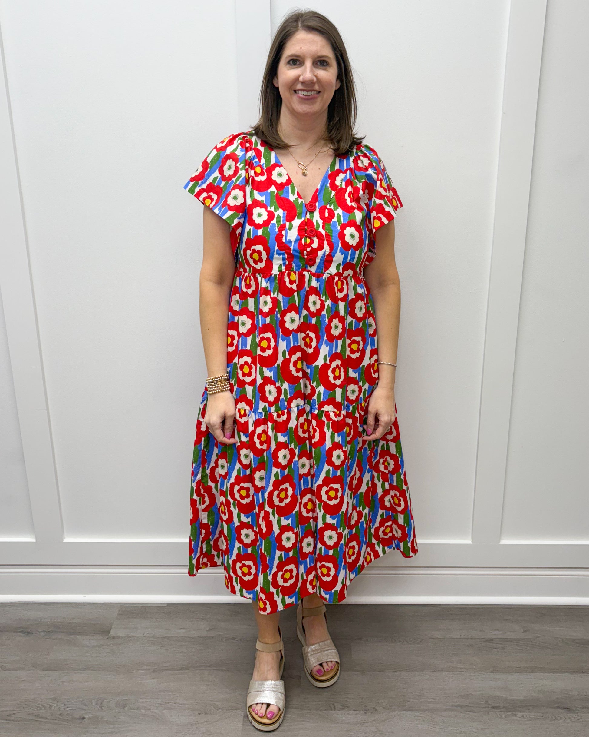 Charlotte Midi Dress - Red Floral Long Dresses Entro