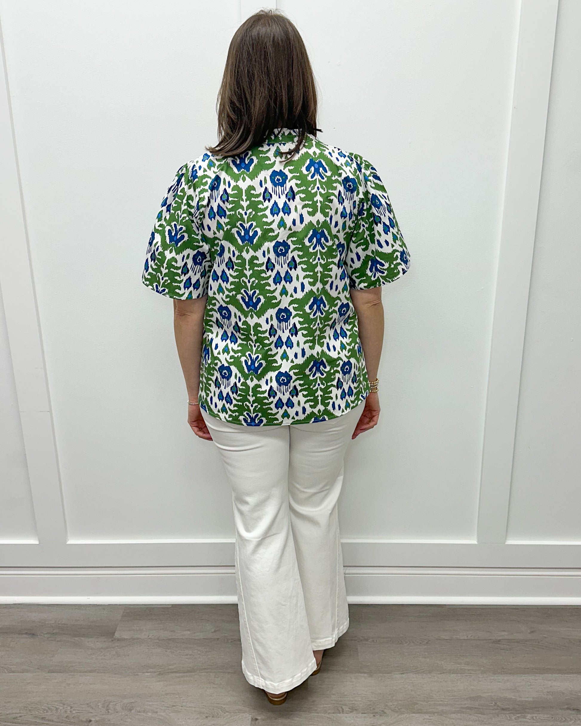 Chase Flounce Sleeve Top - Green Ikat Tops Mudpie
