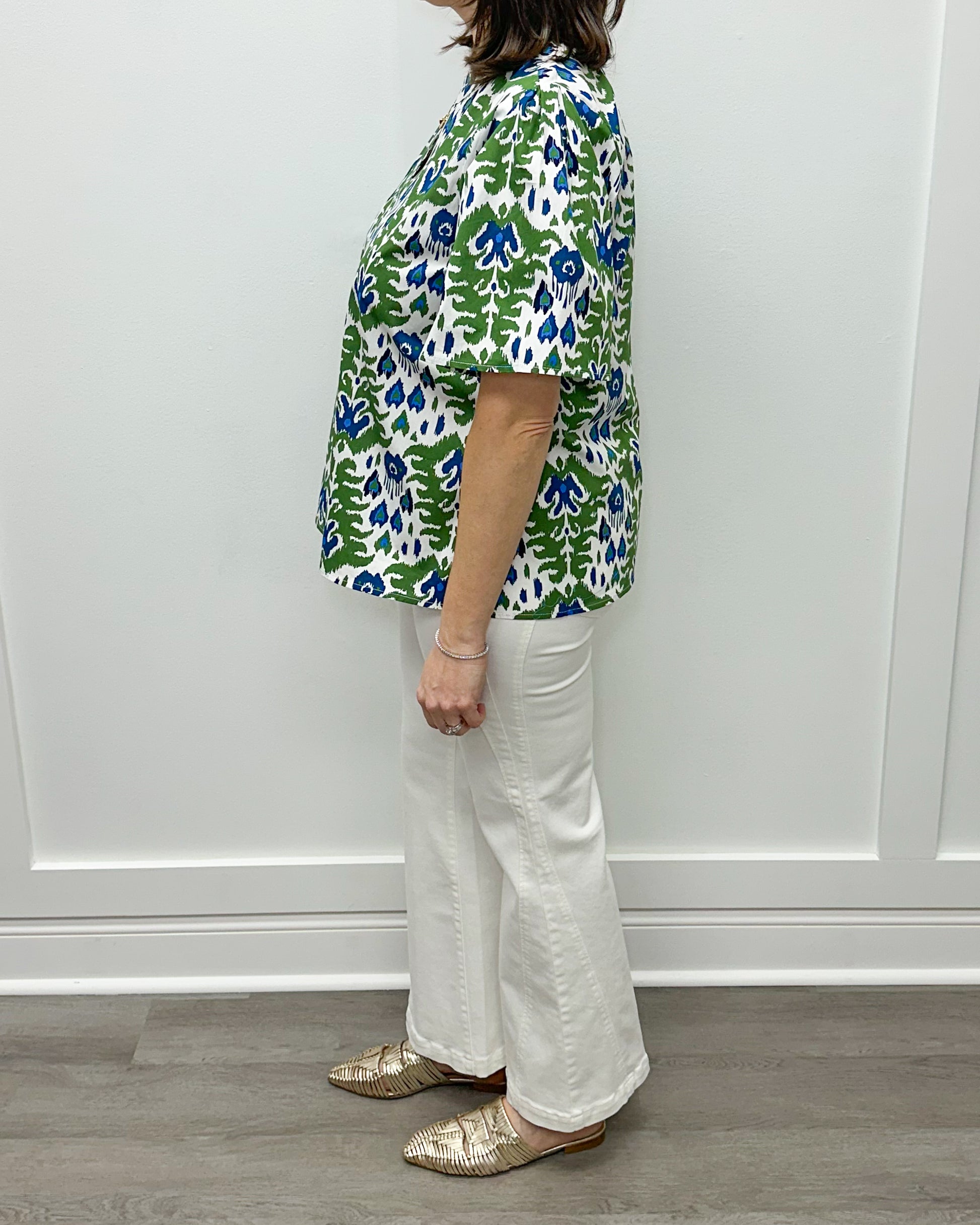 Chase Flounce Sleeve Top - Green Ikat Tops Mudpie