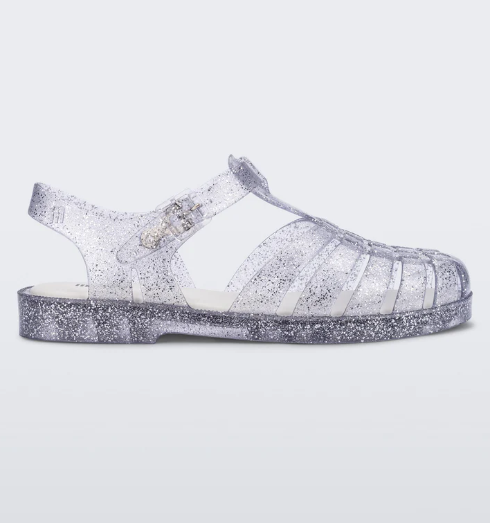 Mini Melissa Possession Shiny Sandal - Clear Glitter/Silver Girls Shoes Mini Melissa   
