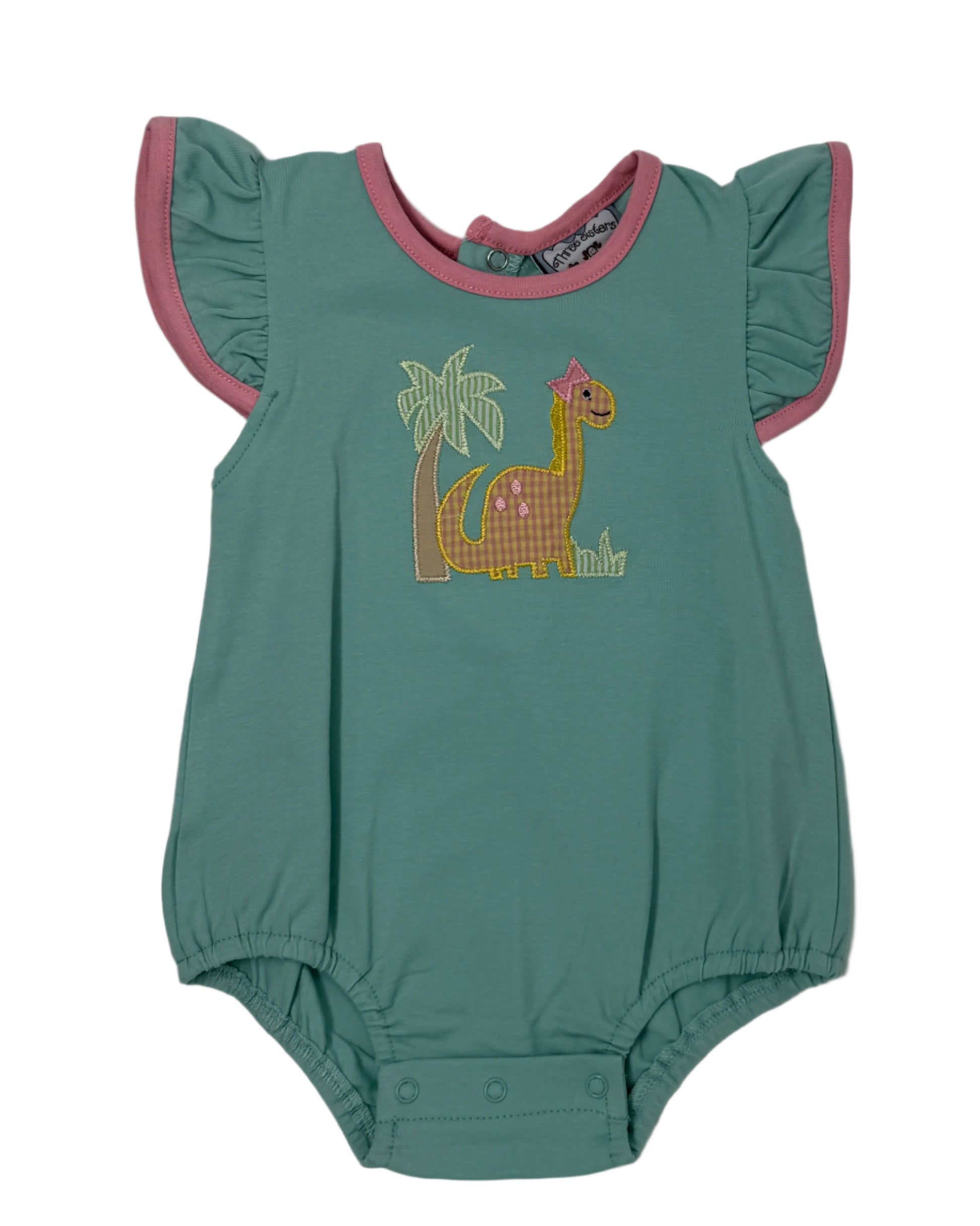 Dinosaur Applique A/S Bubble Girls Bubbles + Rompers Three Sisters