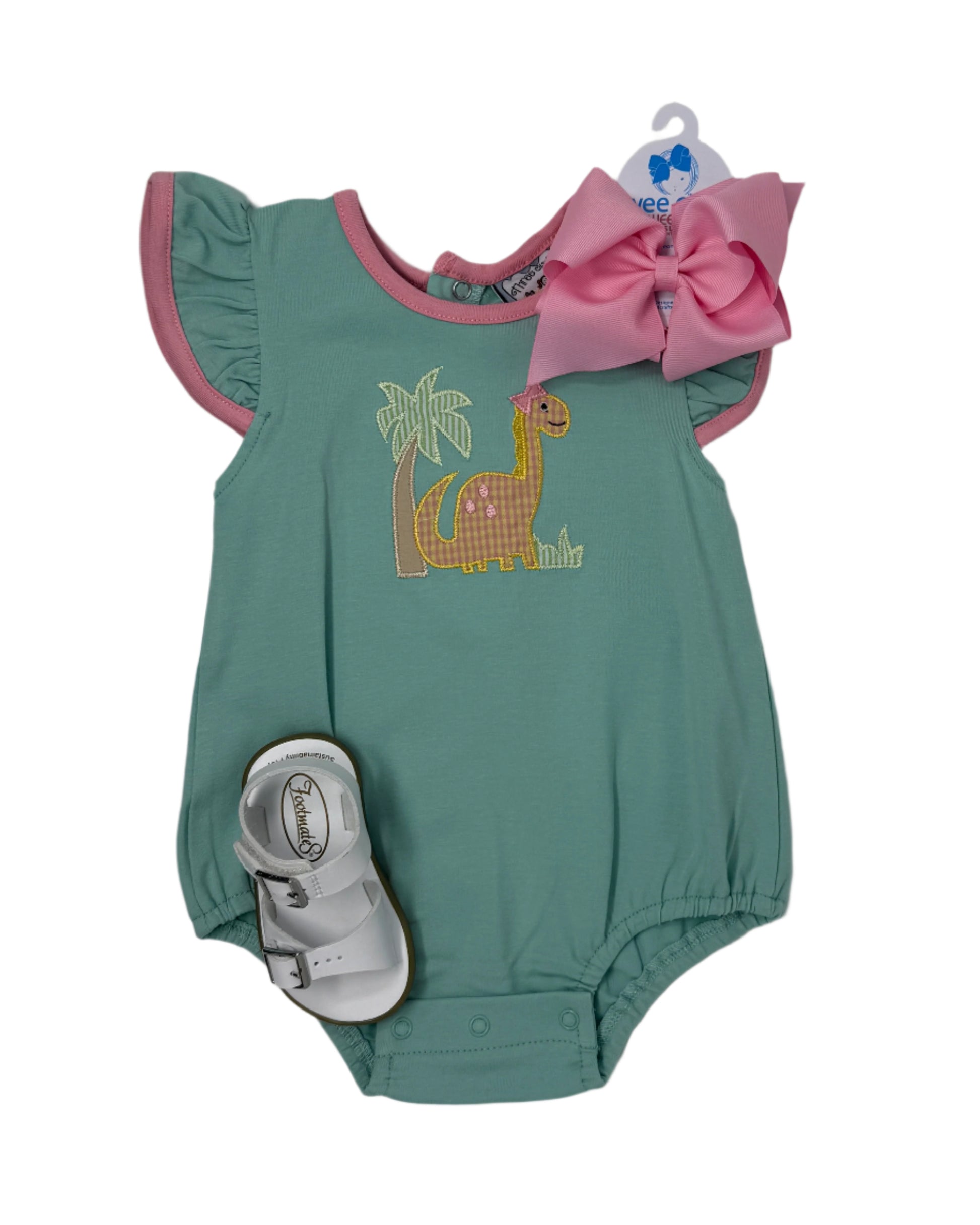 Dinosaur Applique A/S Bubble Girls Bubbles + Rompers Three Sisters