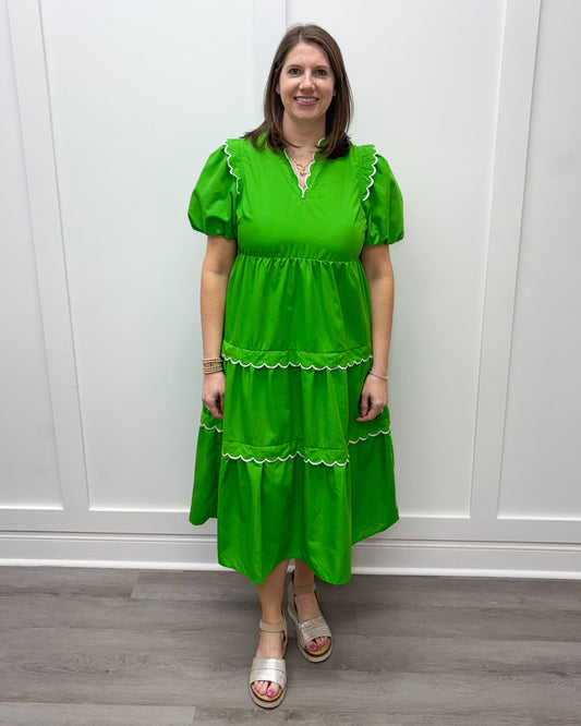 Evelyn Midi Dress - Green w/ White Scalloped Trim Short Dresses Entro