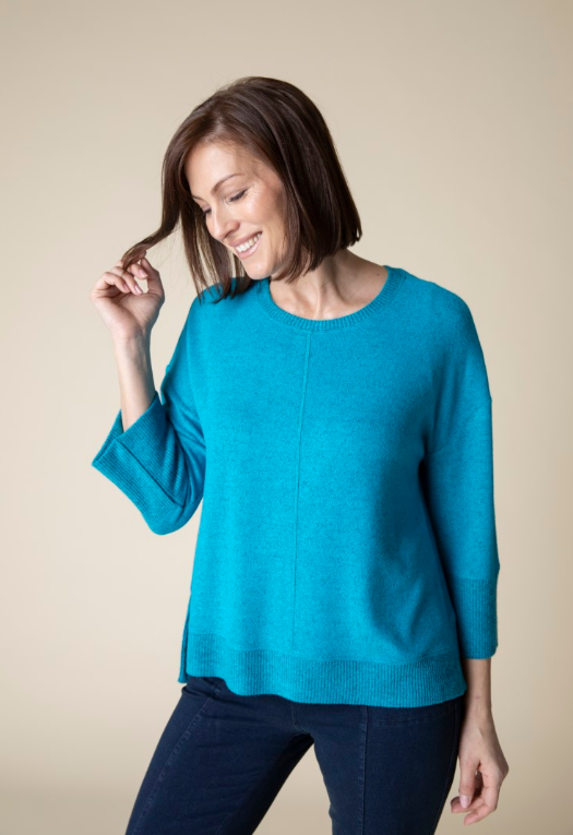 Fleece Solid Rib Trim 3/4 Sleeve Boxy - Capri Knits Habitat   