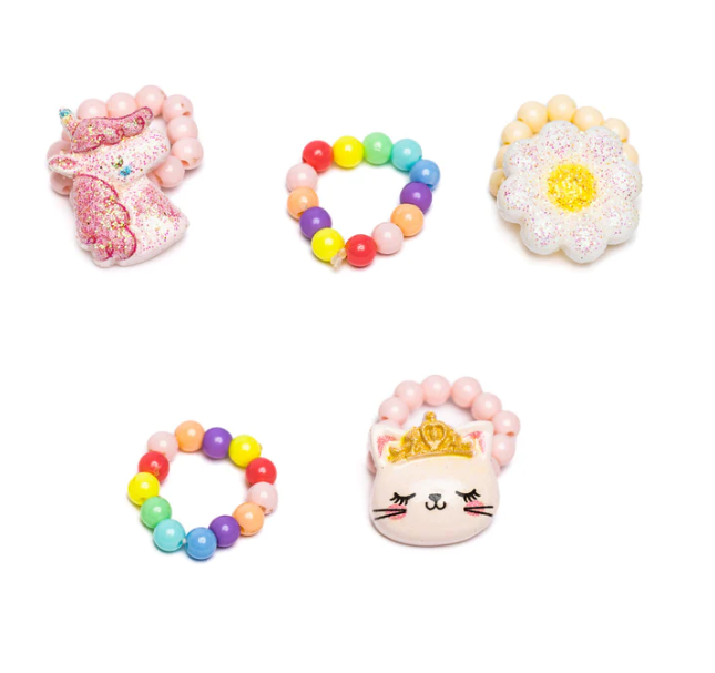 Flower, Kitty, Unicorn Elastic Ring Set Kids Jewelry Great Pretenders   