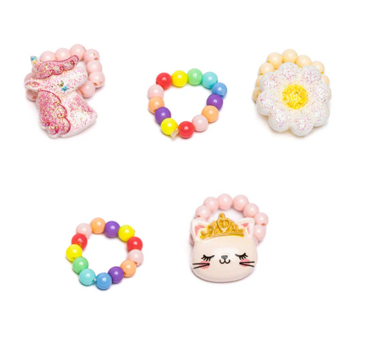 Flower, Kitty, Unicorn Elastic Ring Set Kids Jewelry Great Pretenders   