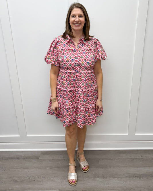 Garden Party Dress - Pink w/ Florals Short Dresses Entro
