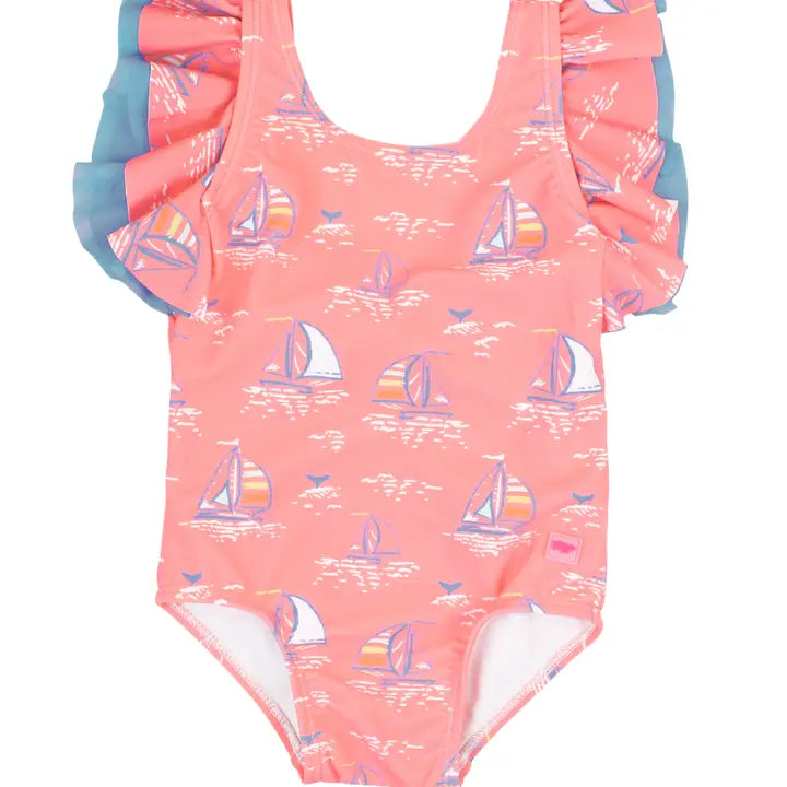 Pink Seas The Day Butterfly Sleeve One Piece Kids Swim Rufflebutts