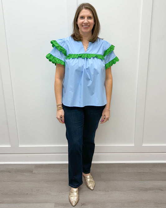 Grace Top - Sky Blue w/ Green Trim Tops Entro