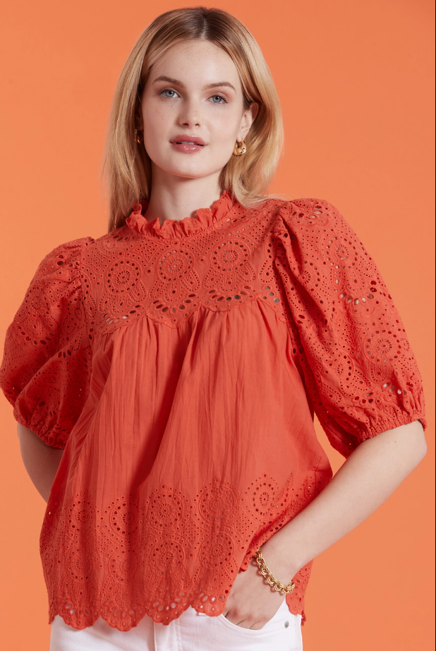 Hayley Eyelet Top - Orange Red Tops Tyler Boe   