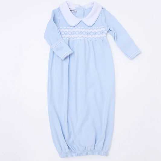 Light Blue Hazel and Hudson's Smocked Collared Gathered Gown Baby Sleepwear Magnolia Baby