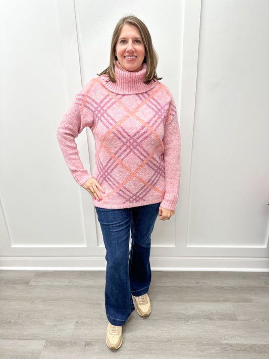 T-Neck Intarsia Sweater - Pink Lady Sweaters Tribal   