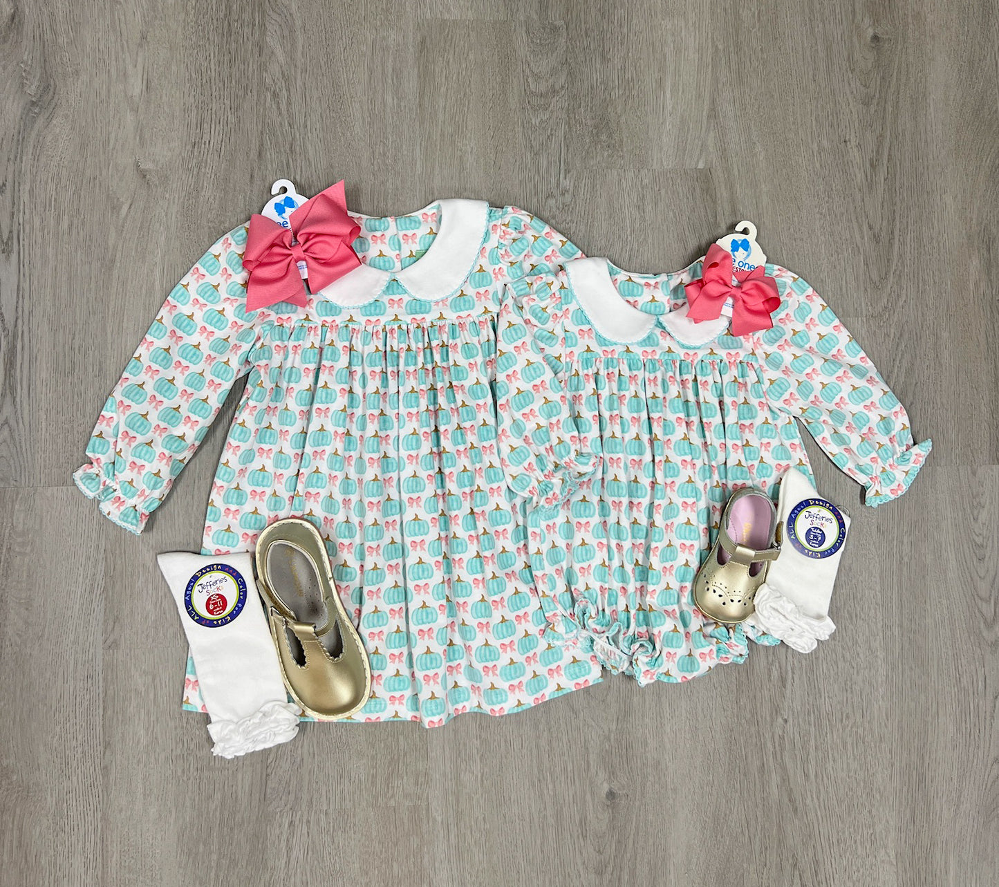 Aqua Pumpkins Peter Pan Collar Bubble Girls Bubbles + Rompers Sage & Lilly   