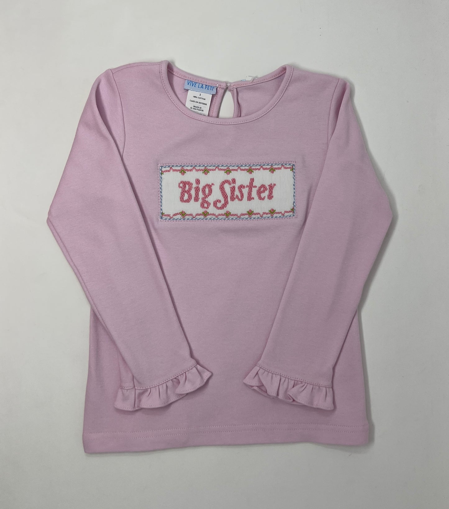 Big Sister Smocked Light Pink Ruffle Knit Long Sleeve Tshirt Girls Tops + Tees Vive La Fete   