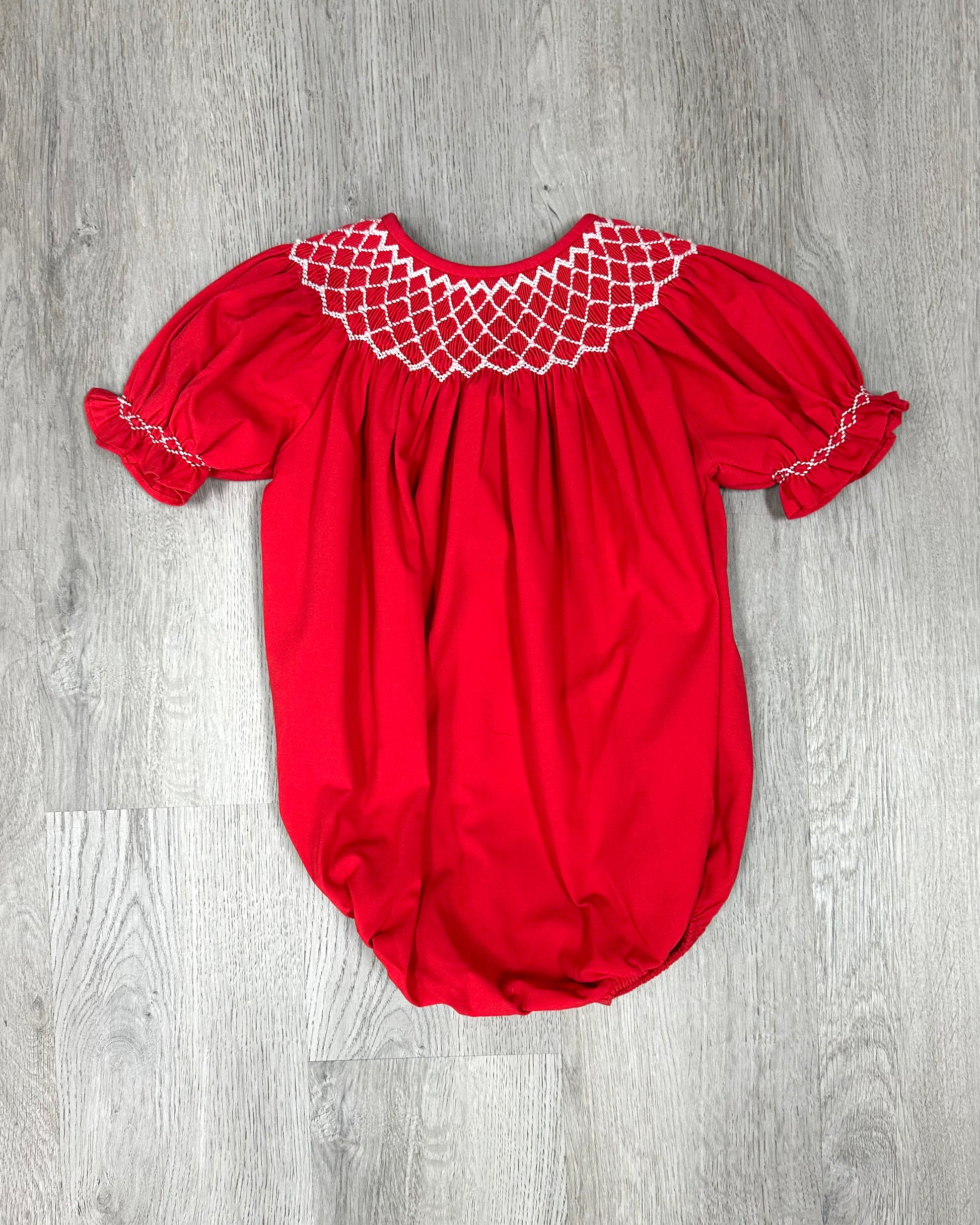 Catherine Pearl Red Smocked Bubble Girls Bubbles + Rompers Sweet Dreams   