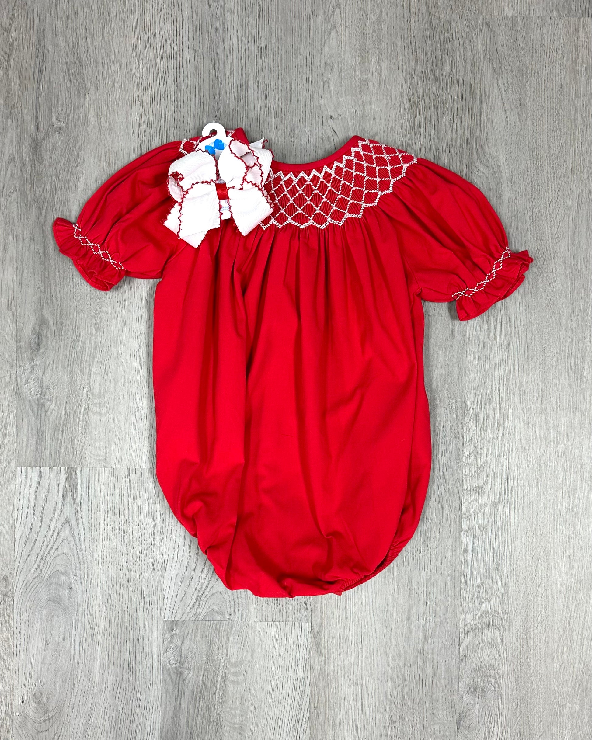 Catherine Pearl Red Smocked Bubble Girls Bubbles + Rompers Sweet Dreams   