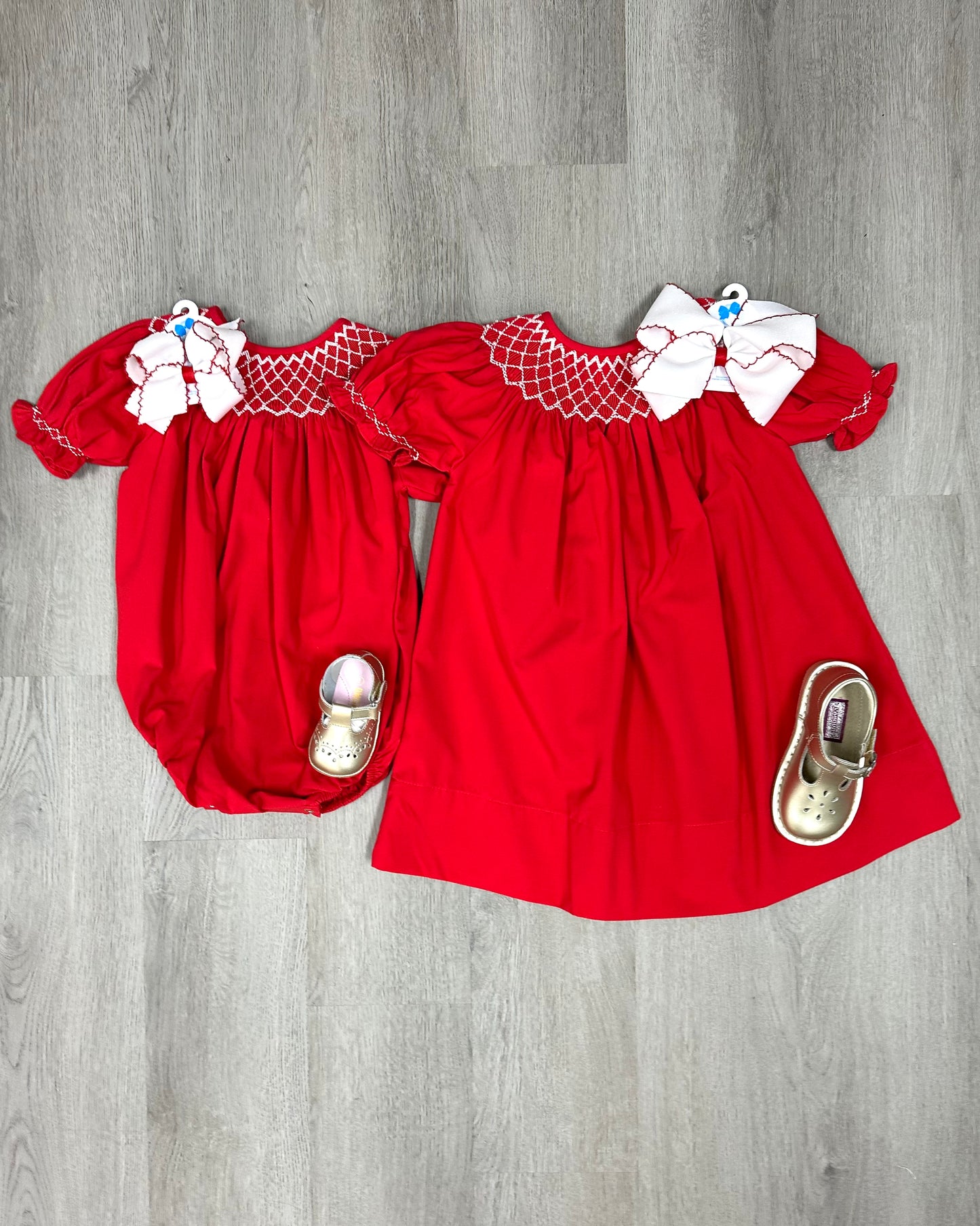 Catherine Pearl Red Smocked Bubble Girls Bubbles + Rompers Sweet Dreams   