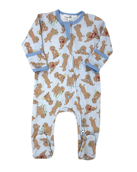 Light Blue Golden Pup Zipper Footie Baby Sleepwear Magnolia Baby