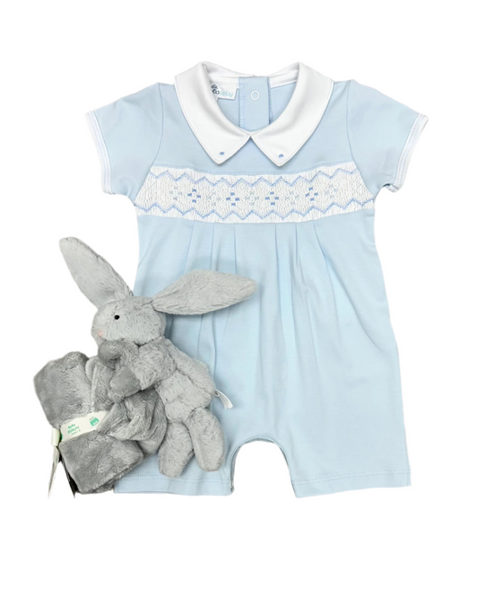 Light Blue S/S Emily & Ethan Smocked Collared Short Playsuit Baby Sleepwear Magnolia Baby