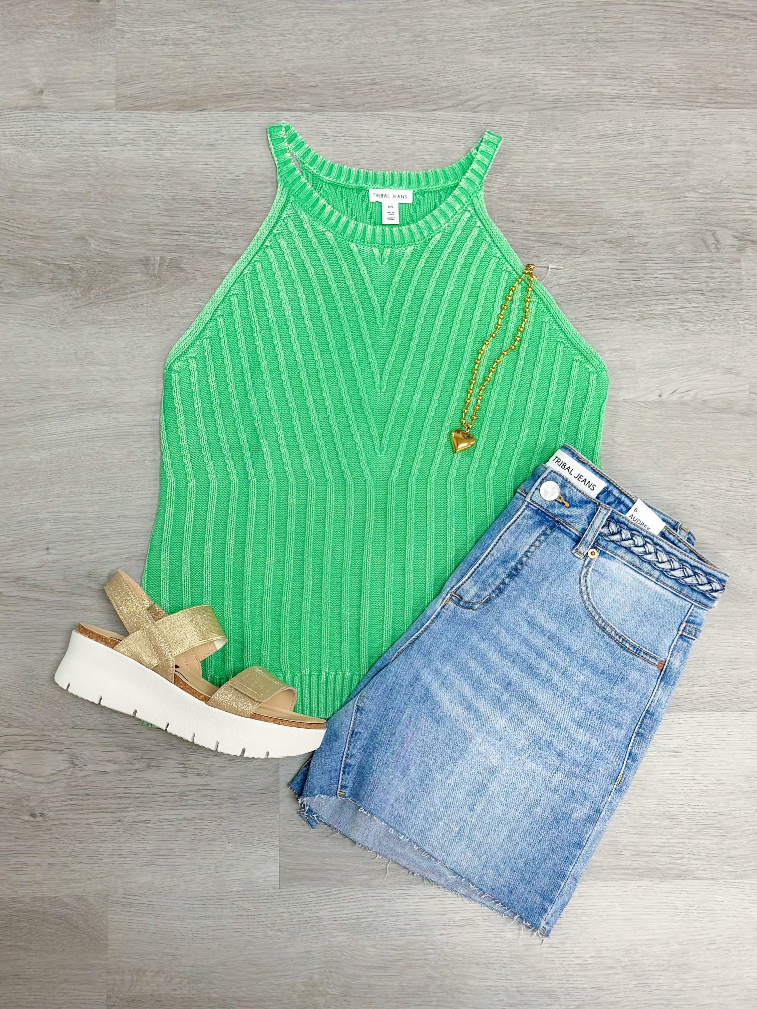 Halter Sweater Tank With Special Wash Effect - Just Green Knits Tribal   