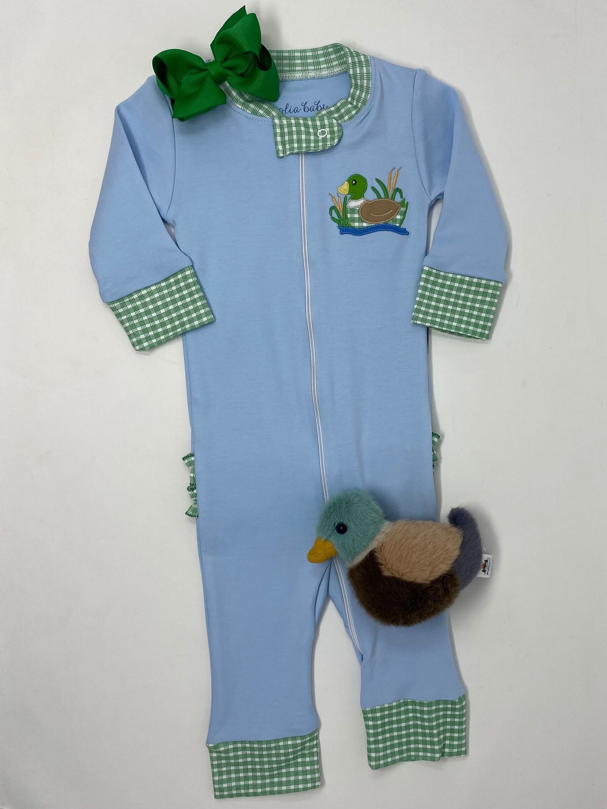 Gingham Green Mallard Applique Ruffle Zipper Pajamas Kids Pajamas Magnolia Baby   