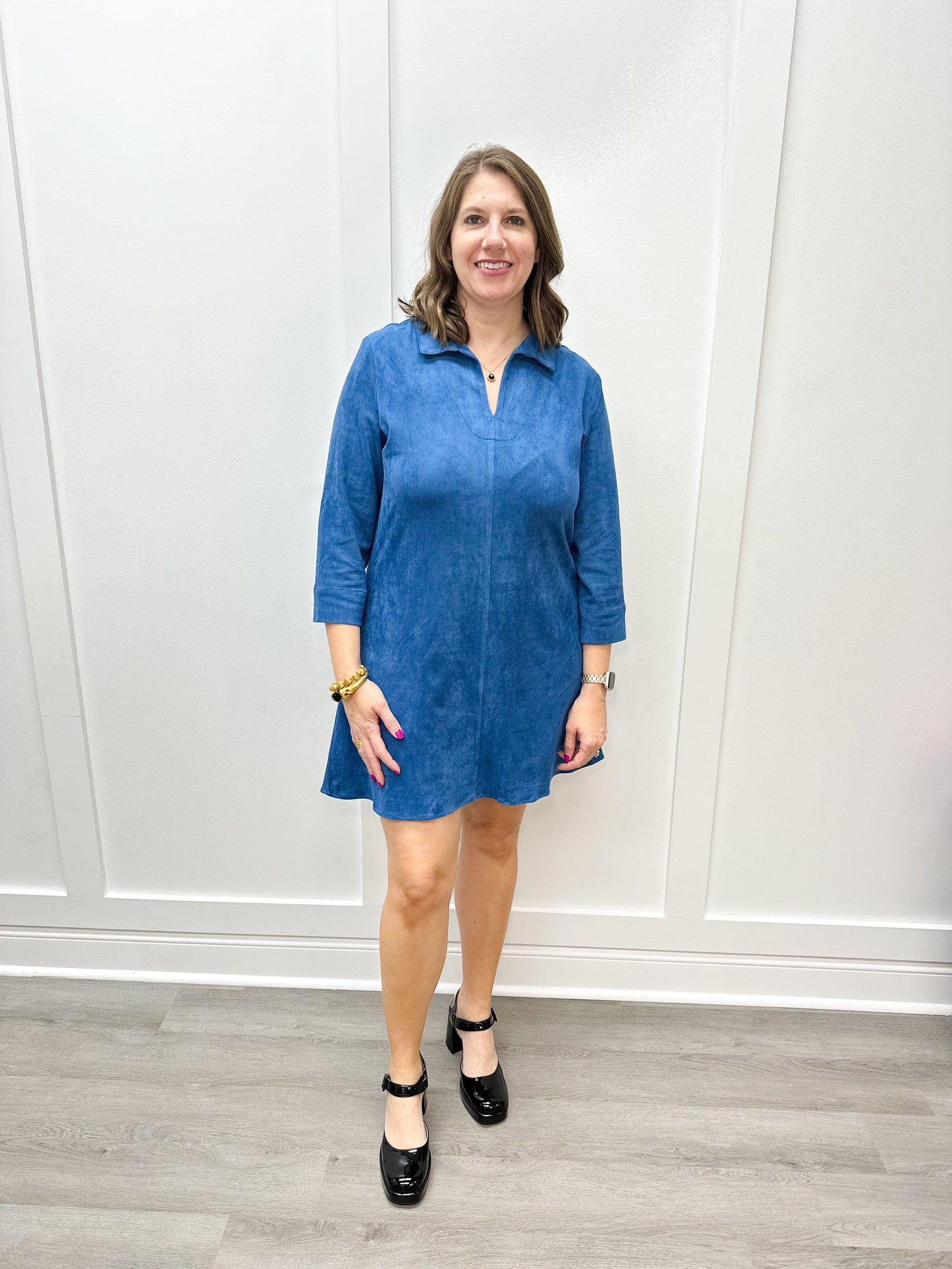 Suede Victoria Dress - Blue Stretch Short Dresses Duffield Lane   