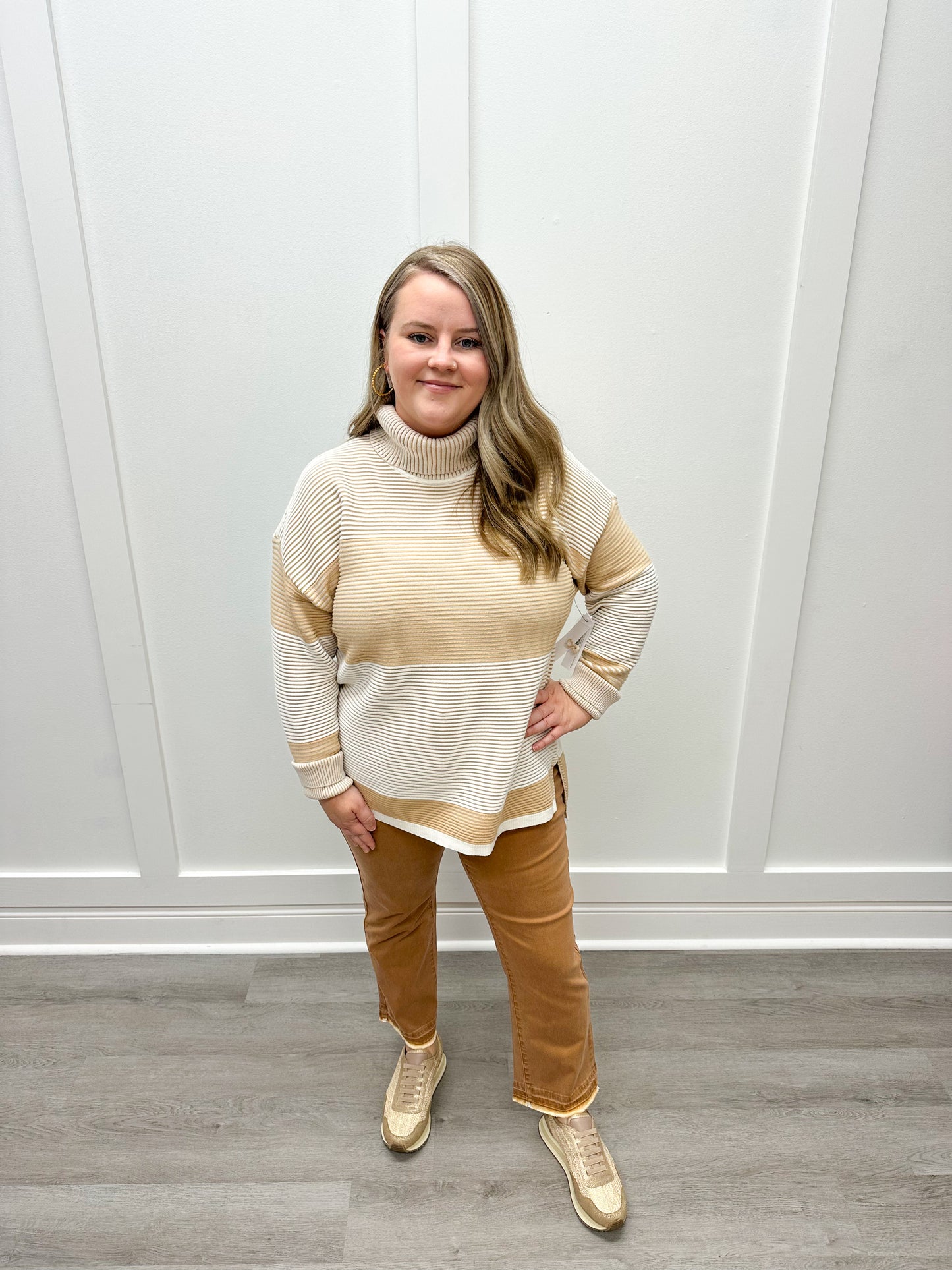 Two Tone Ottoman Turtleneck Tunic Sweater - Cream Sweaters Tribal   