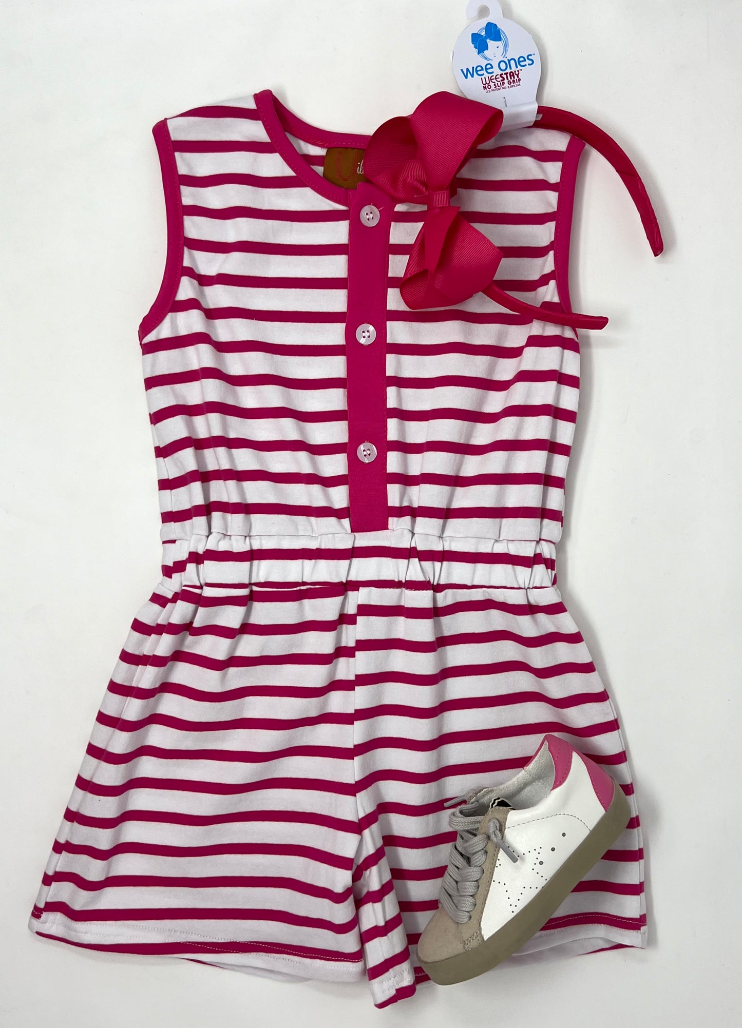 Lily Romper Pink Stripe Girls Bubbles + Rompers Millie Jay   