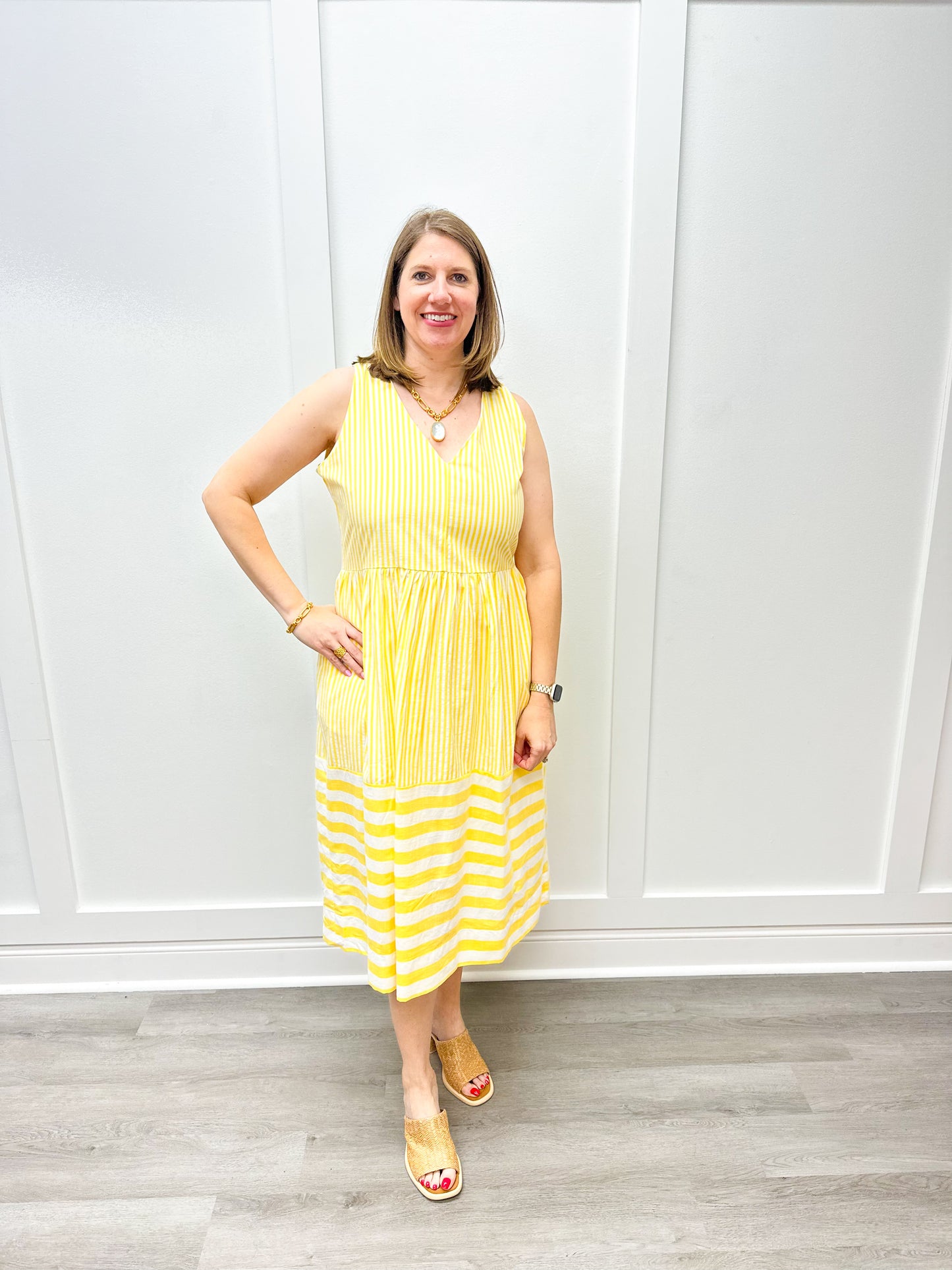Twila Dress - Lemon Linen Stripe Long Dresses Duffield Lane   