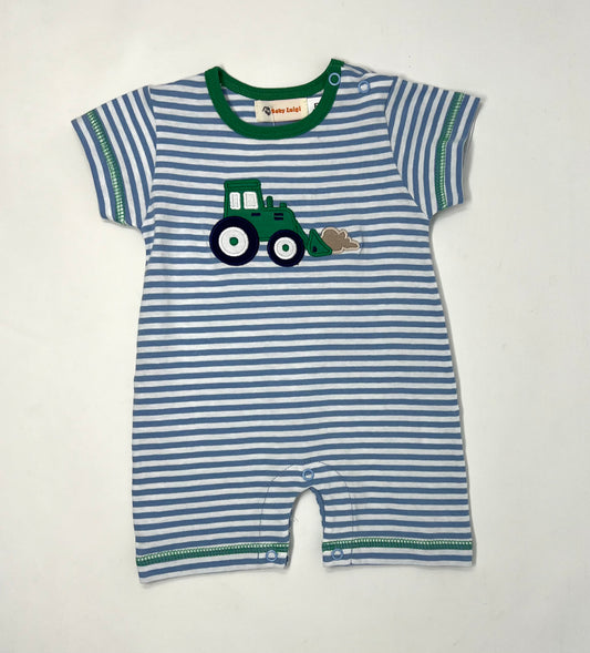Chambray & White Stripe w/ Tractor Boy's Romper Boys Bubbles + Rompers Luigi   