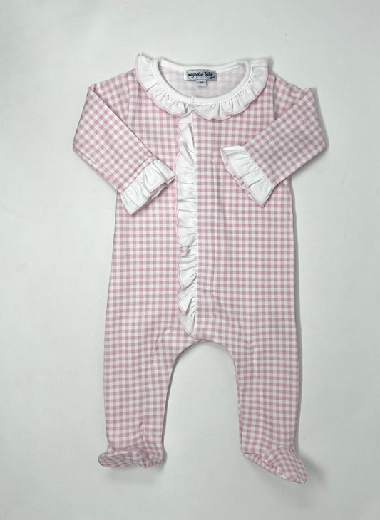 Mini Checks Ruffle Footie - Pink Baby Sleepwear Magnolia Baby   