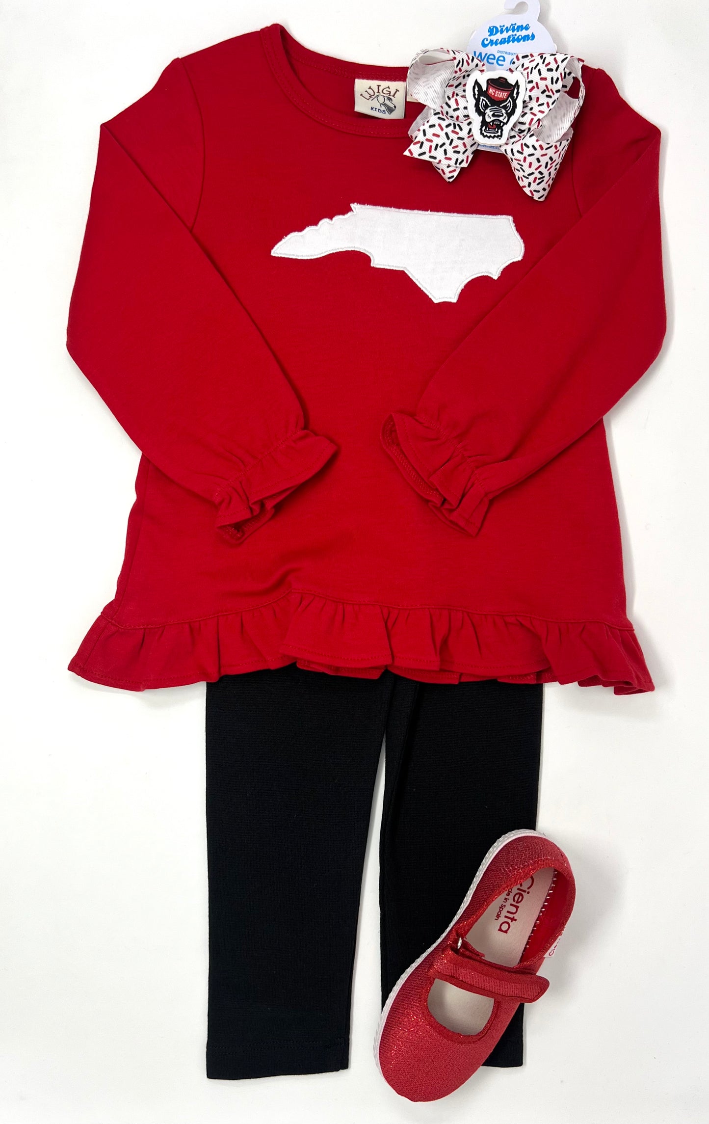 Girls Ruffle Swing Top w/ NC Silhouette - Deep Red Girls Tops + Tees Luigi   