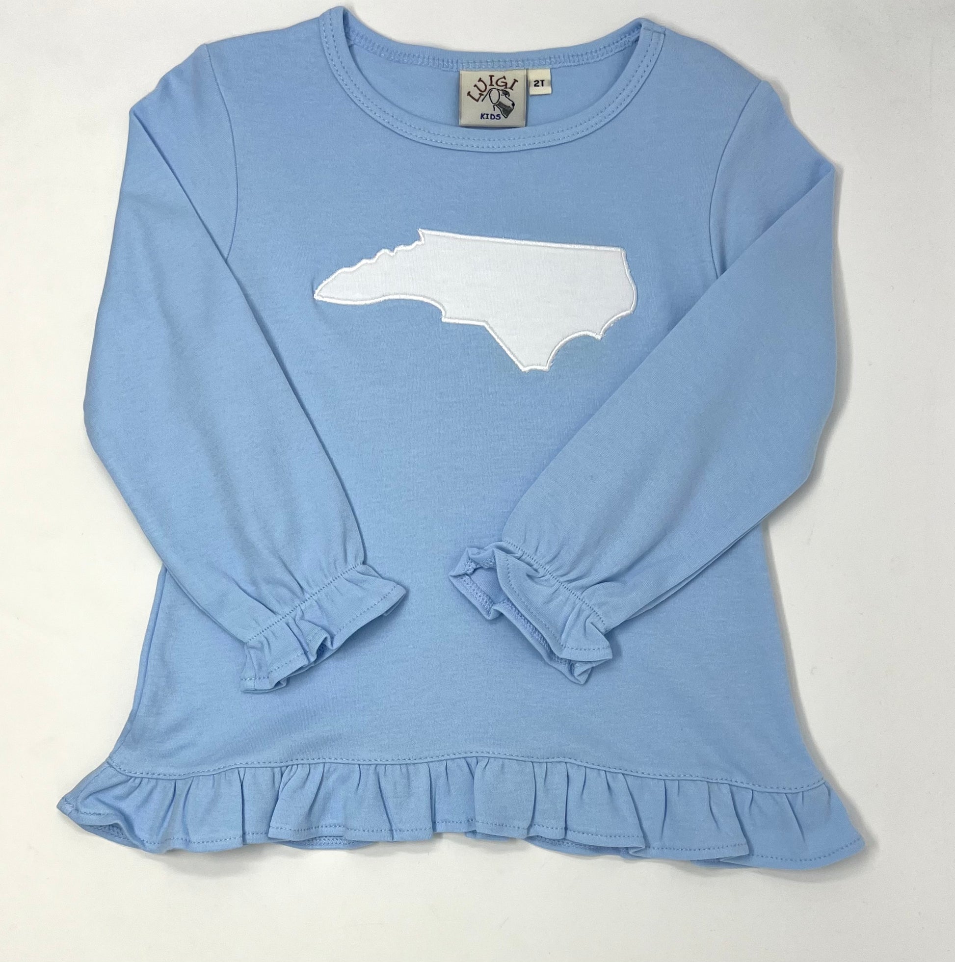 Girls Ruffle Swing Top w/ NC Silhouette - Sky Blue Girls Tops + Tees Luigi   