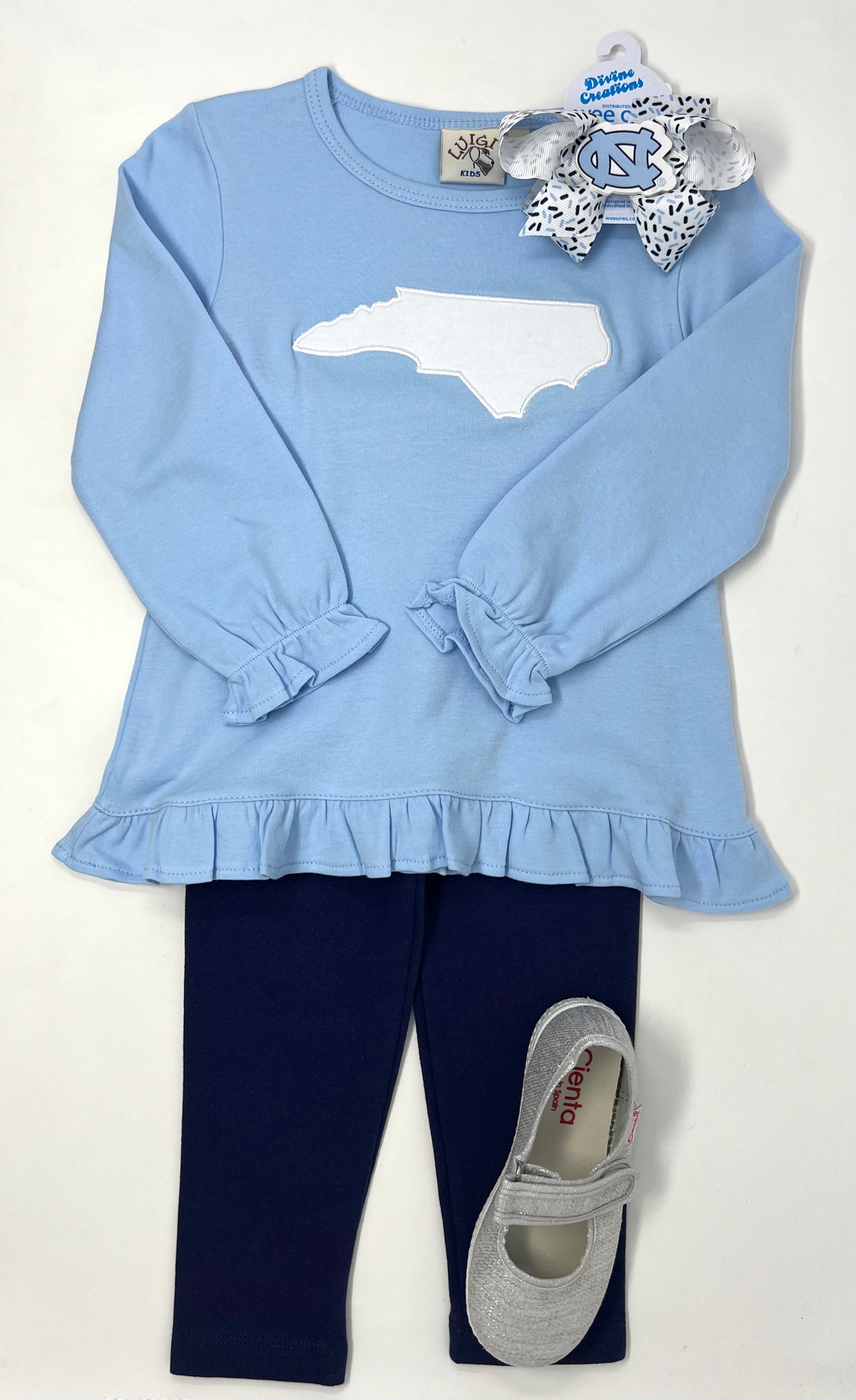 Girls Ruffle Swing Top w/ NC Silhouette - Sky Blue Girls Tops + Tees Luigi   