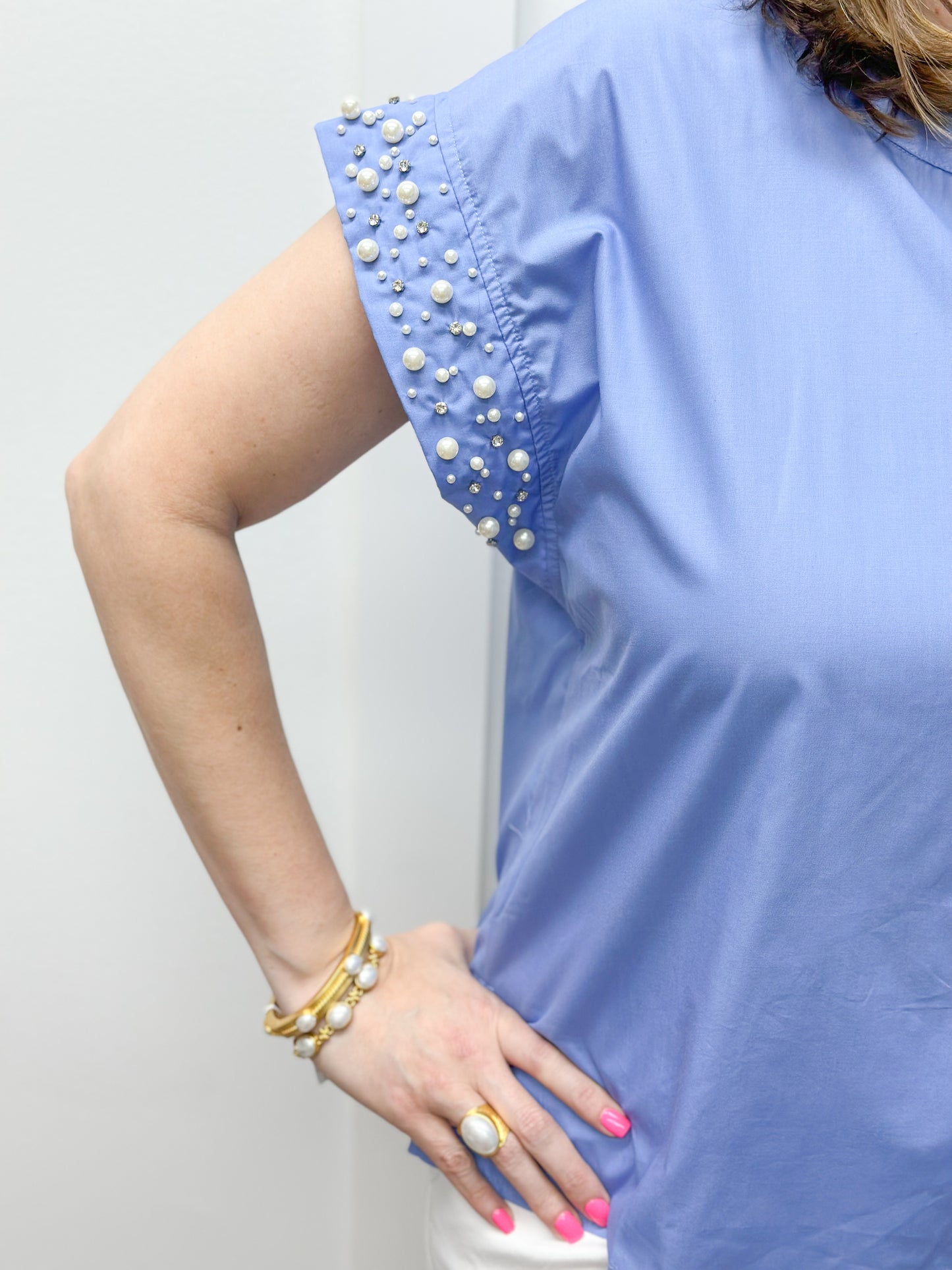 Cap Sleeve Embellished Shirt - Lt. Blue Tops Entro   