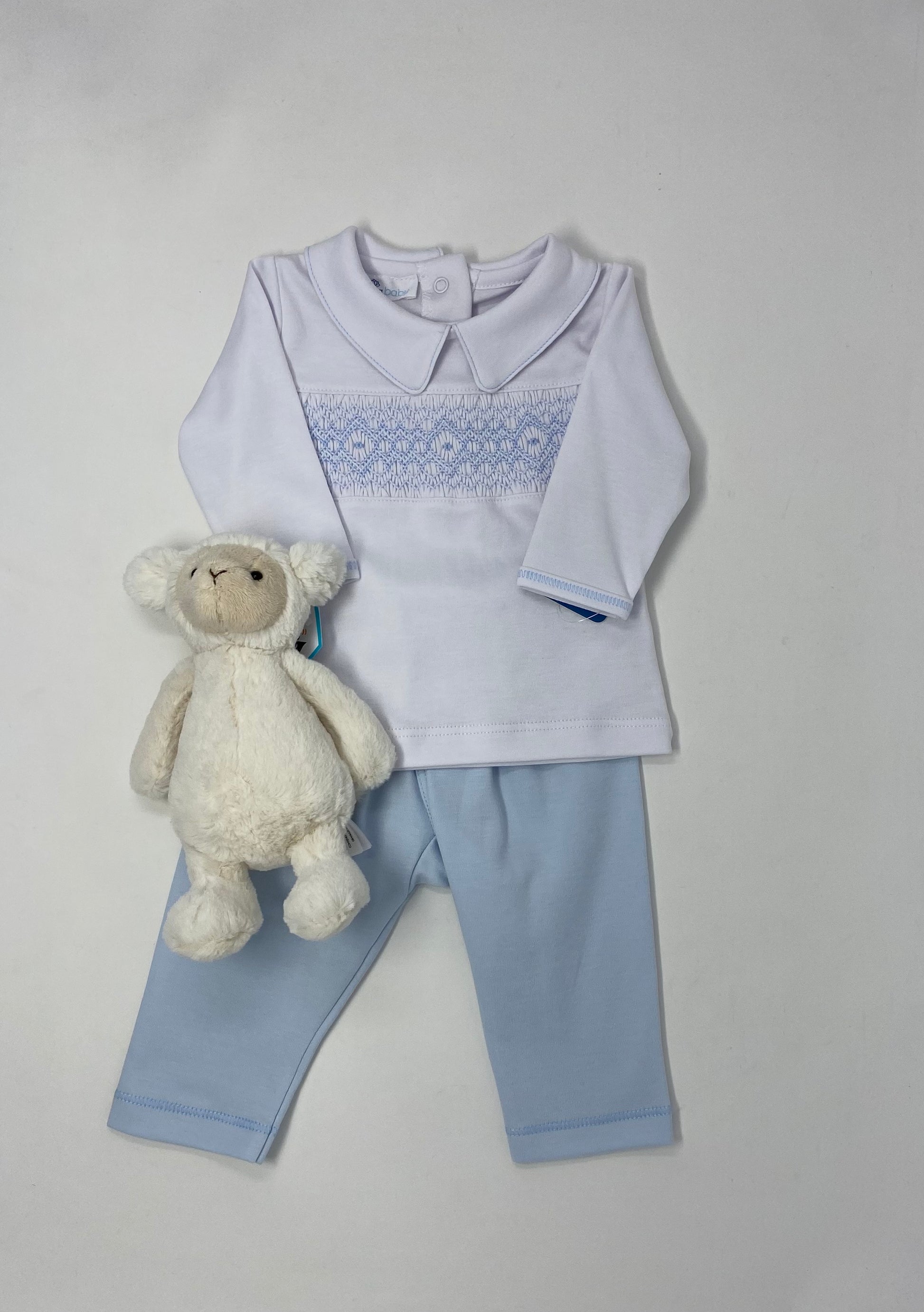 Ava & Archie Smocked Collared Pant Set - Lt. Blue Baby Sleepwear Magnolia Baby   