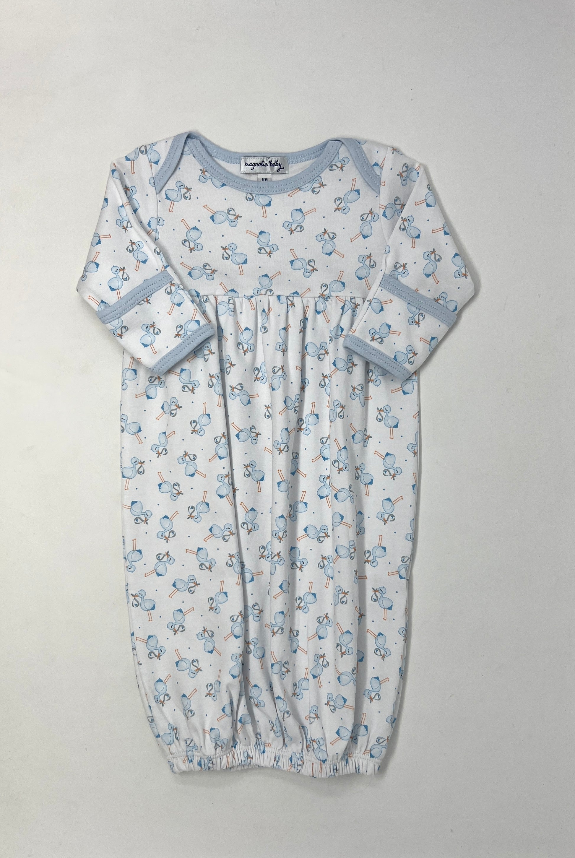 Light Blue Tiny Stork Embroidered Gathered Gown Baby Sleepwear Magnolia Baby   