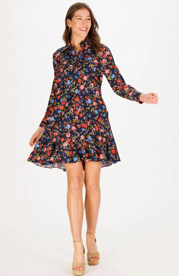 Iris Drop Waist Shirt Dress - Midnight Garden Twill Short Dresses Duffield Lane   