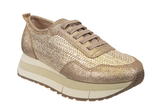 Kinetic Platform Sneakers - Gold Raffia Shoes Naked Feet   