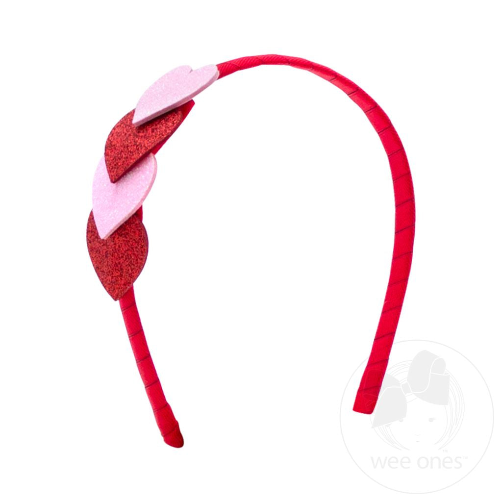 Large Valentine Overlapping Hearts Glitter Grosgrain Wrapped Headband Kids Hair Accessories Wee Ones