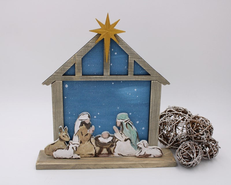 Layered Wood Tabletop Teal Nativity in Creche Seasonal TradeCie   