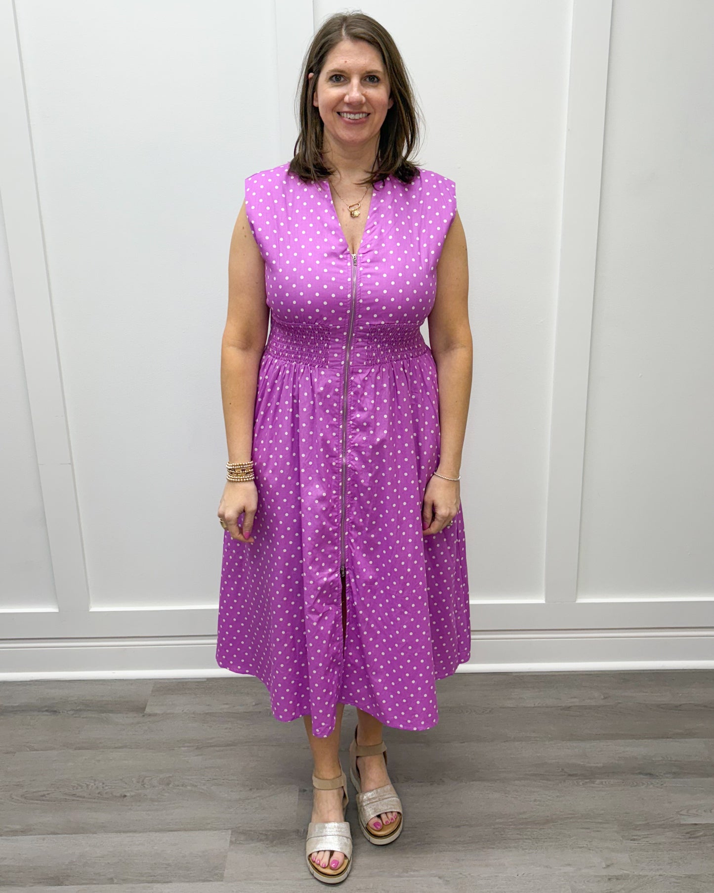 Luna Midi Dress - Lilac w/ White Polka Dots Long Dresses Entro