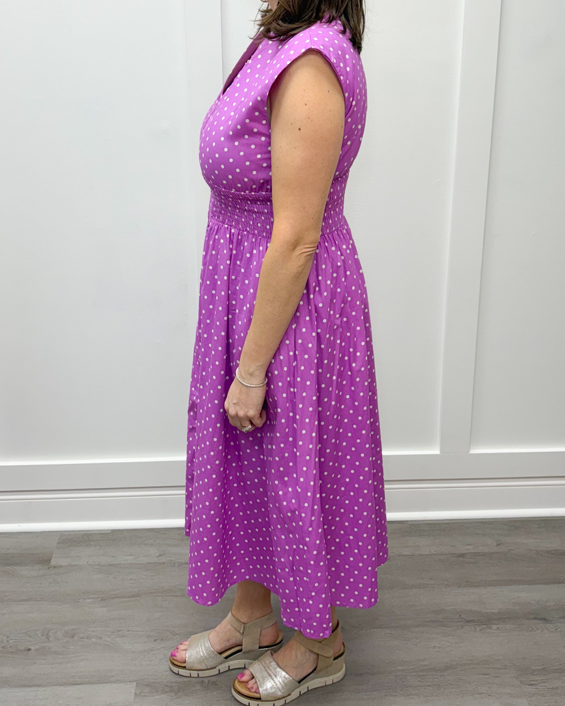 Luna Midi Dress - Lilac w/ White Polka Dots Long Dresses Entro