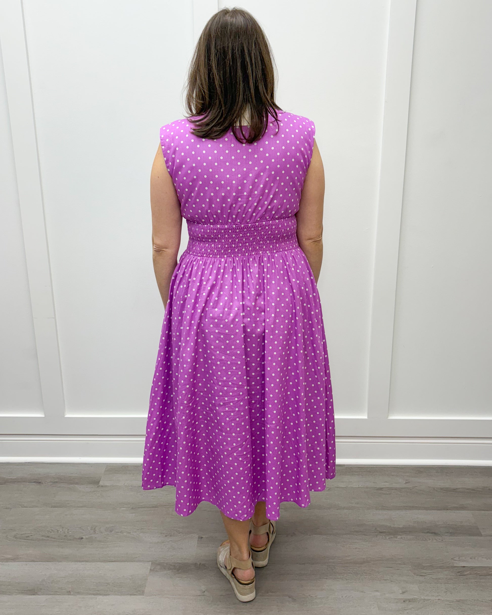 Luna Midi Dress - Lilac w/ White Polka Dots Long Dresses Entro