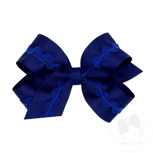 Medium Grosgrain Bow w/ Monotone Ric Rac - Light Navy Kids Hair Accessories Wee Ones