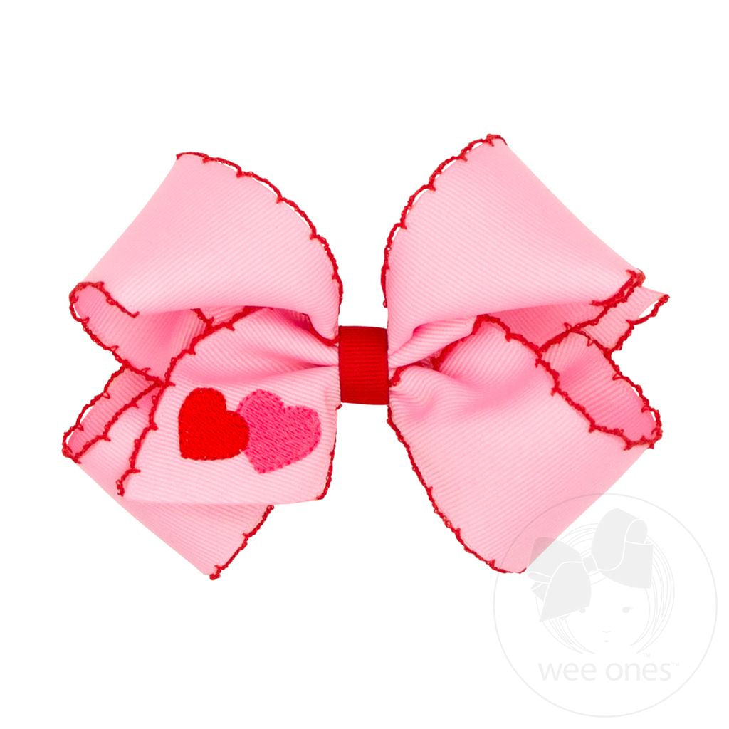 Medium Valentine Heart Embroidered Grosgrain Hair Bow with Moonstitch Edge Kids Hair Accessories Wee Ones